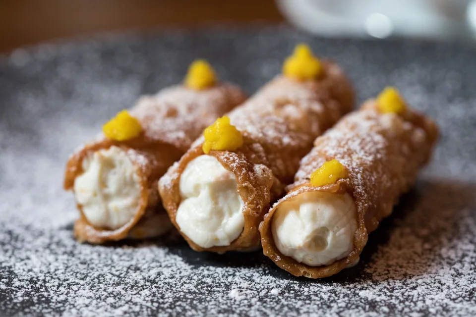 BookNoFees: Örnek fotoğraf: Krema dolgulu, üzerine pudra şekeri serpilmiş cannoli