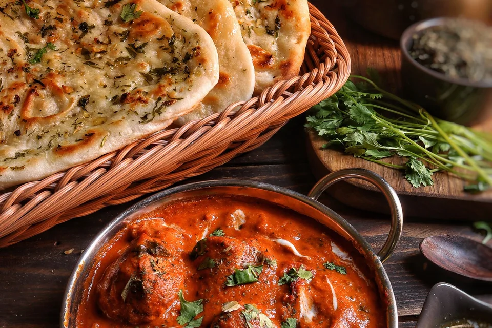 BookNoFees: Örnek fotoğraf: Sarımsaklı naan ekmeğiyle servis edilen köri